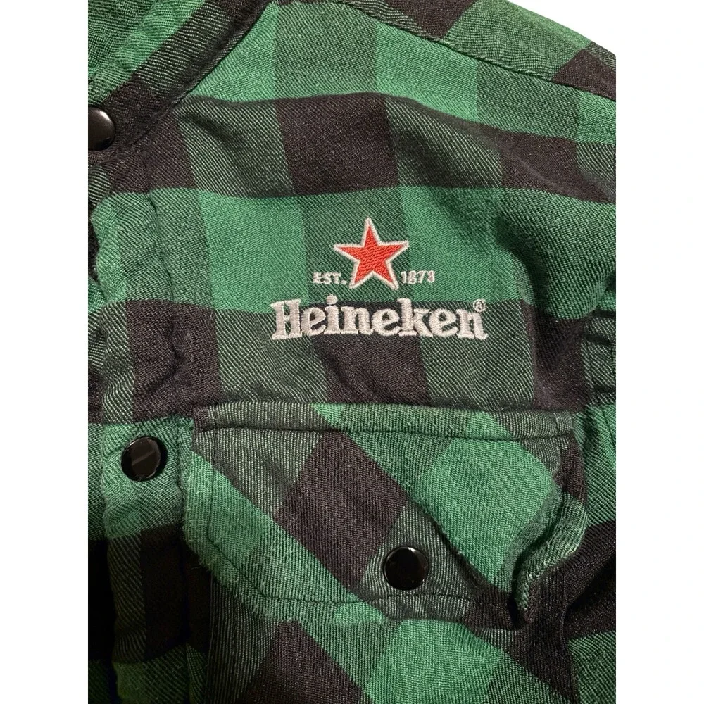 Heineken Mens Green Black Buffalo Plaid Sherpa Lined Snap Shirt Jacket Small